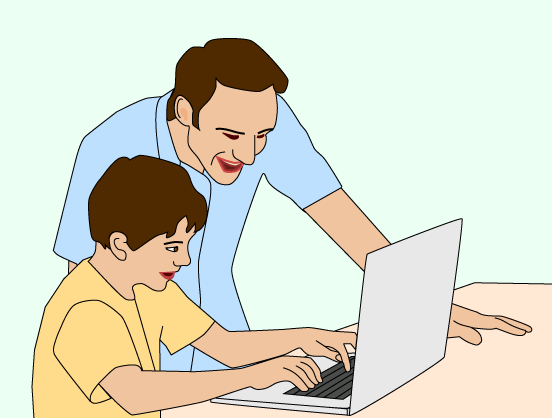 Dibujo de un padre con su hijo, accediendo a Internet con un ordenador